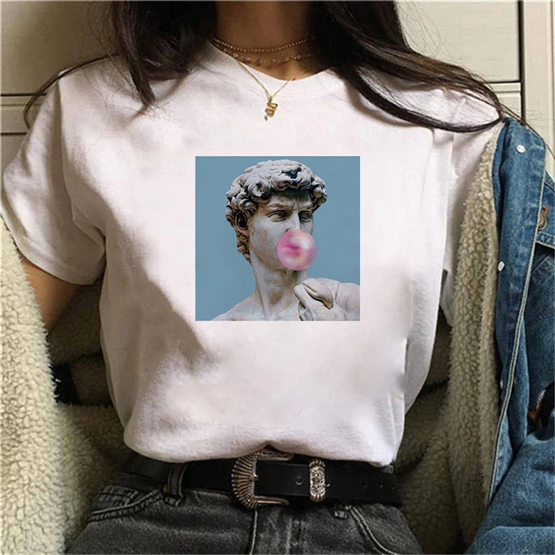Women's T-shirt 90s Ulzzang Harajuku Graphic Funny White Drawing David Print T-shirt O Neck Casual Women's Top T-shirt