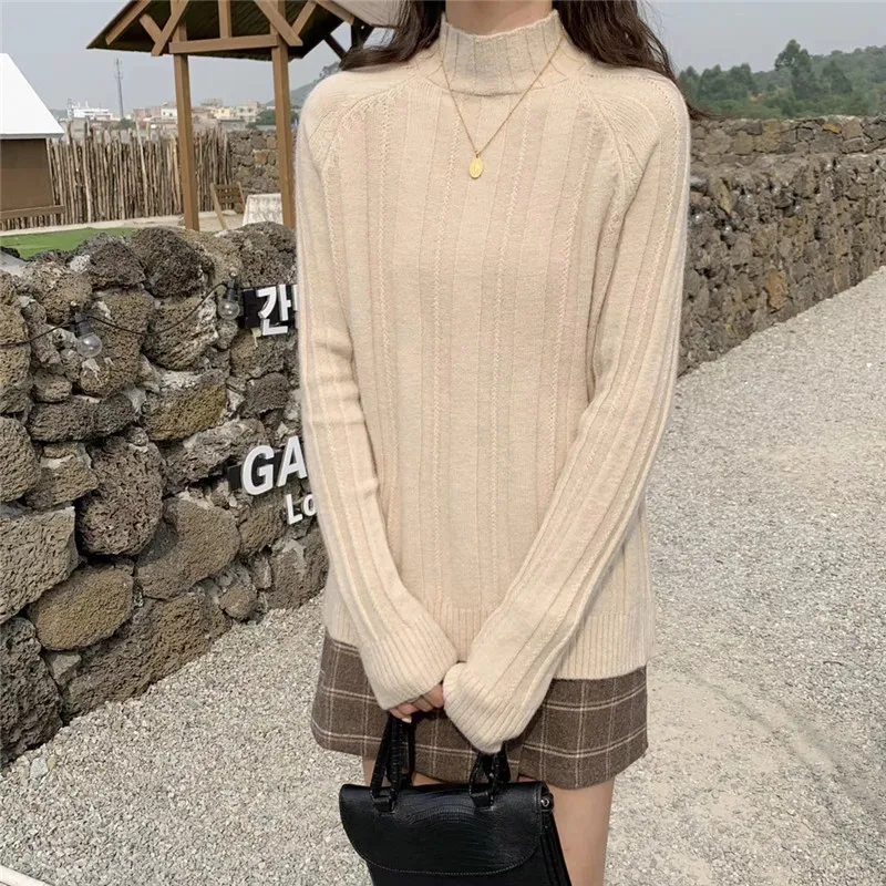 Korean Style Loose Sweater Women Pullover Casual Half Turtleneck Long Sleeve Knit Sweater Female Jumpers solid basic sweater