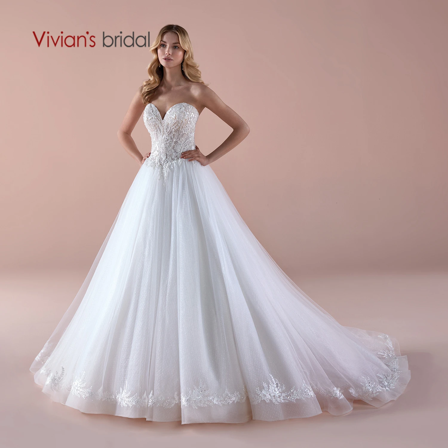 

Vivian's Bridal Sexy Sweetherat Organza Wedding Dress Elegant Sequin Lace Appliques Fluffy Crystal Yarn Court Train Bridal Gown