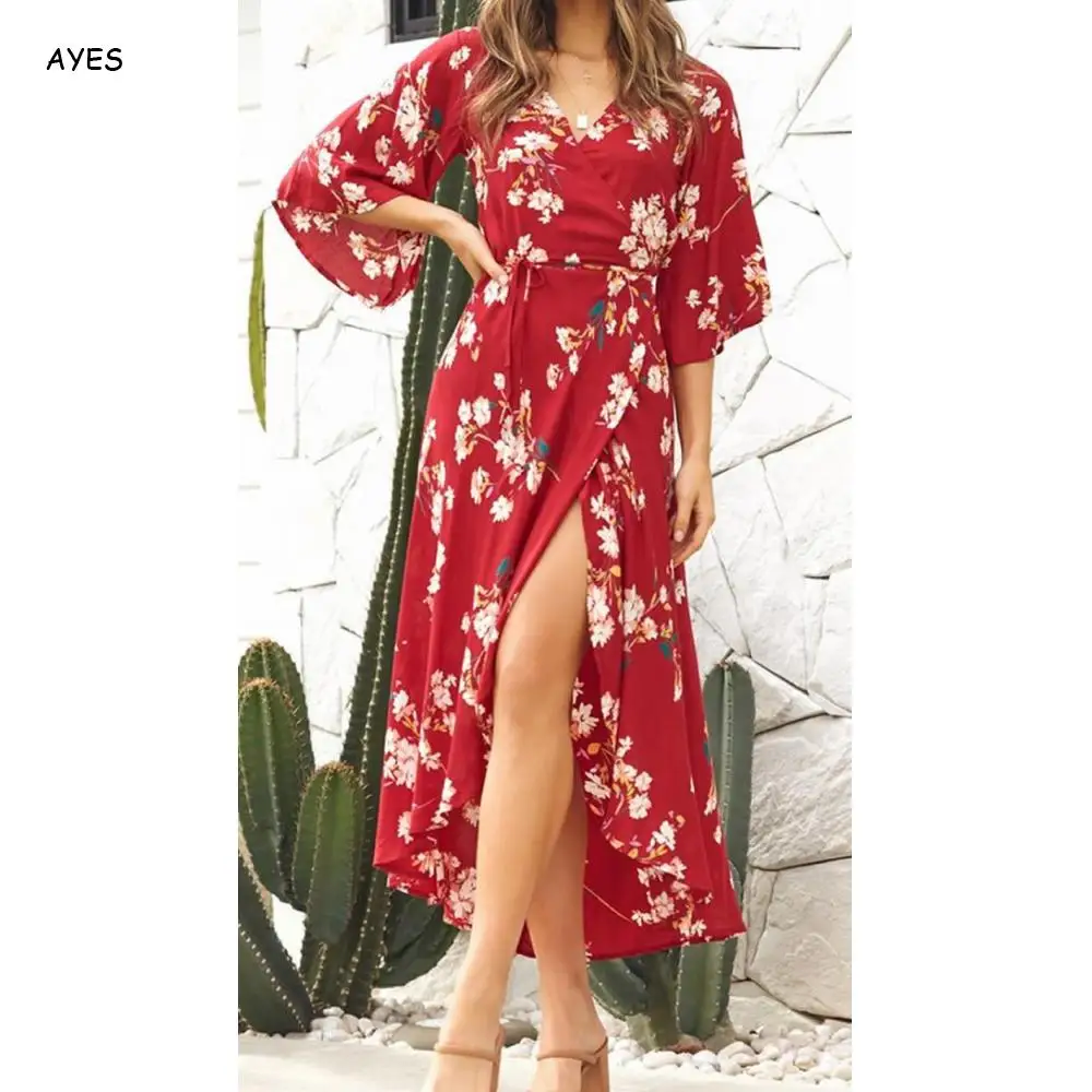 Boho Летнее платье с разрезом спереди женское сексуальное платье с v-образным вырезом на шнуровке богемное платье женские платья макси с цветочным принтом плюс размер