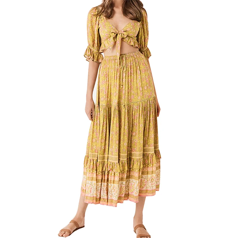 Boho шикарная летняя винтажная Цветочная Печать Лоскутная макси юбка женская модный шнурок эластичная талия отдых пляжные юбки