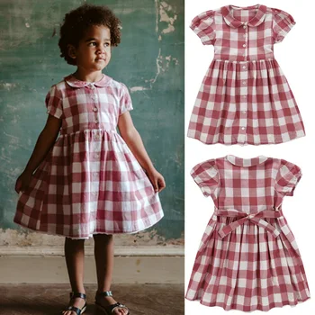 

Pre-sale Children's Clothing LCC Plaid Dress 2020 Summer New Princess Dress Turn-down Collar Bubble Sleeve Dress