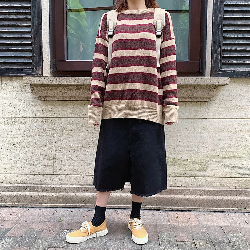 Autumn New Striped Sweater Men Fashion Contrast Color Casual Knit Sweter Streetwear Wild Loose Long-sleeved Pullover Men Clothes