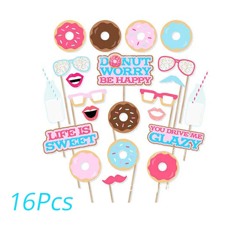 16pcs Photo Props Joy-Enlife пончик баннер бумажный стаканчик салфетки тарелки с днем рождения Юбилей ребенок душ конфеты украшение для бара и вечеринки пончик Вечерние - Цвет: 16pcs Photo Props