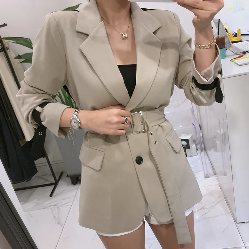 

[EWQ] Korea Style Notched Long Sleeve High Quality Minimalist Trend Coat Feminino Patchwork Back Color Belt loose Blazer QK978