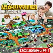 Детский игрушечный переносной игровой коврик 130*100 Динозавр мир дорожного движения парковочный пейзаж