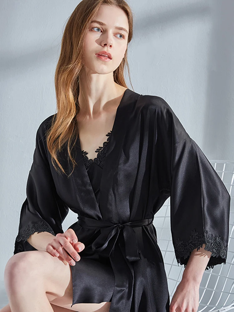 

100% Real Silk Robe Set Women Nightgown 2PC Set Nightdress 2021 New Pure Silk Sleeping Dress Black Sexy Lace Bathrobe Women 16mm