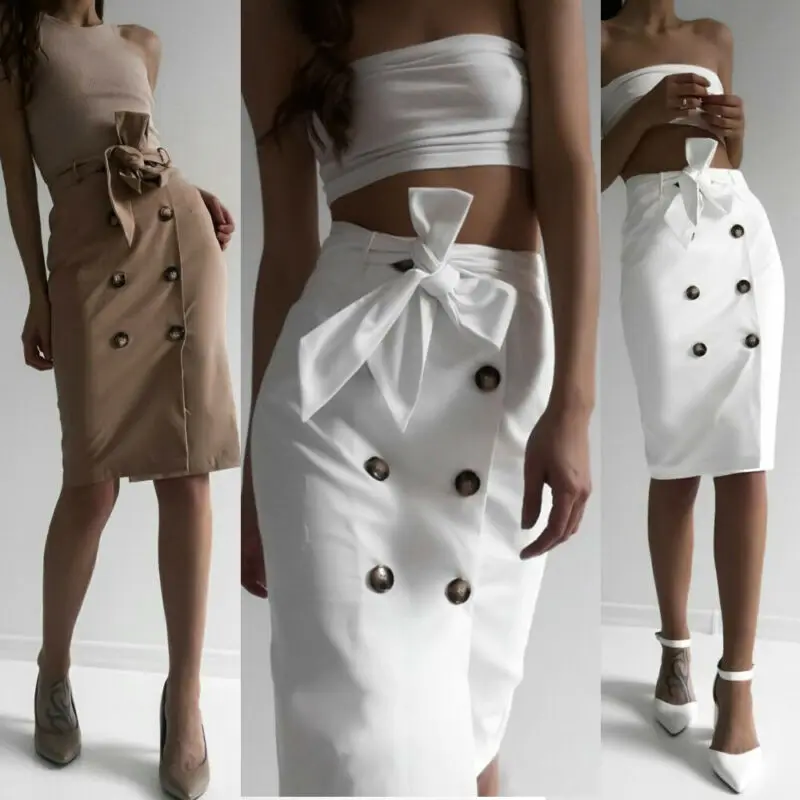 Women Skirts Fashion Womens Tie Belt Skirt Elasticated Waist Button A Line Party Clubwear Pencil Laides Skirts Solid Color