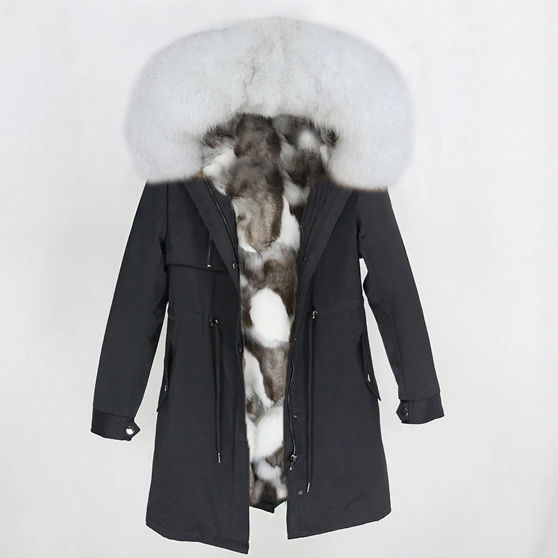 OFTBUY настоящая меховая парка зимняя куртка женская натуральный Лисий меховой капюшон, воротник лиса пальто с подкладкой Толстая теплая верхняя одежда Уличная Повседневная - Цвет: black white