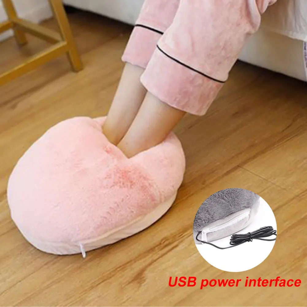 Large Pocket USB Foot Warmer Faux Fur Washable Heating Slipper Warm Soft Shoes Wormwood Winter Detachable Home Office Electric - Цвет: Розовый