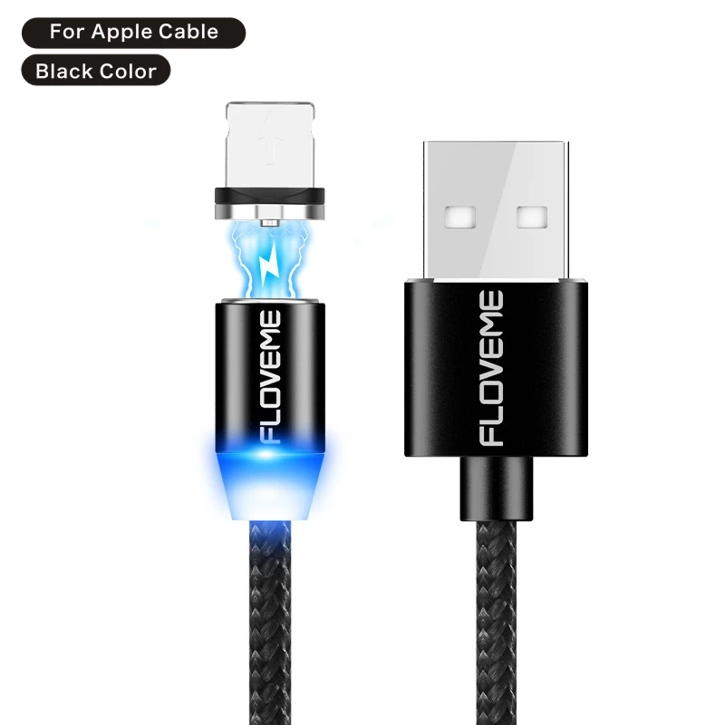 FLOVEM Магнитный кабель Micro usb type C USB-C кабель 1 м 2 м светодиодный короткий usb кабель для зарядки магнитное зарядное устройство круглый разъем для iPhone XR - Цвет: For Apple Black