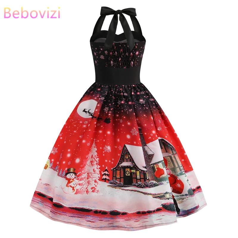 Bebovisi новая женская одежда рождественское платье плюс размер винтажные Элегантные Вечерние Платья повседневные зимние красные платья с принтом снеговика