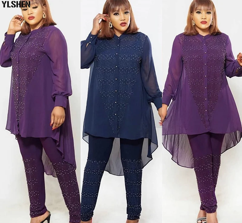 3 Piece Set African Dresses for Women Dashiki Button Diamond African Dress Bodycon Top + Pants Clothes Plus Size Africa Clothing 001