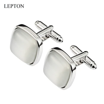 

Low-key Luxury Milky white Stone Cufflinks for Mens Lepton Square Silver Color Metal Cuff links Man French Shirt Cuffs CuffLink