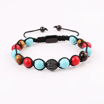 New Design Natural Stone CZ Pave Ball Braided Friendship Macrame Bracelet Men