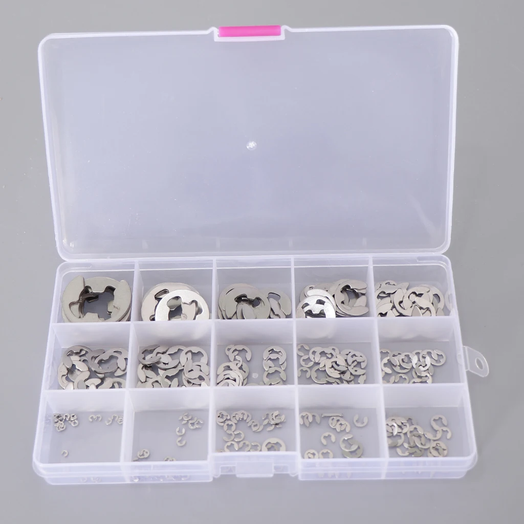225Pcs 304 Stainless Steel Opening Snap Ring E-Clip Circlip Assortment Kit Replacement E-clips with Storage Case