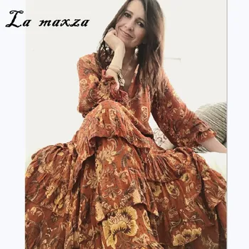 

Spring Vintage Fashion Print Women Maxi Dress 2020 Ruffles V-neck Petal Sleeves Loose Dress