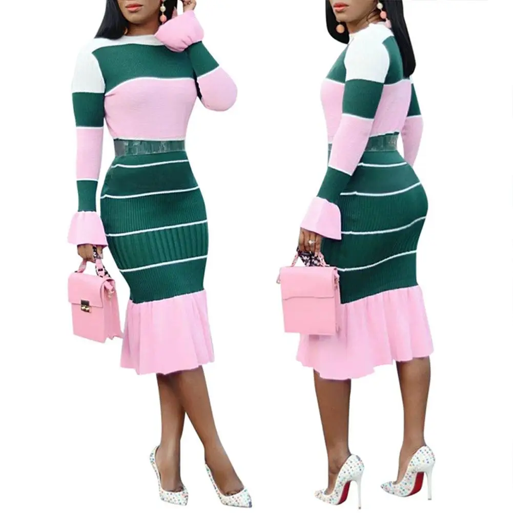 

Long Sleeve Autumn Striped Dress Winter Casual Women Striped Dress Sexy Slim Evening Party Midi Dresses 2019 Fashion