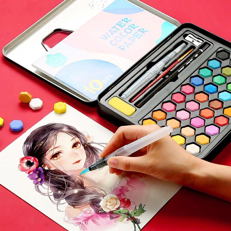 Professional 36 Colors Solid Watercolor Paints Set With Paintbrush Water Color Pigment Set Iron Box Acuarelas Verf Art Supplies