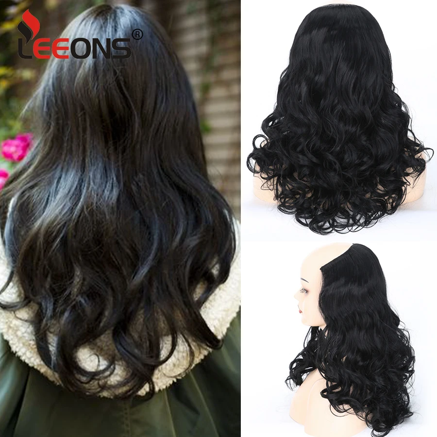 

Leeons 24" U Part Wig Synthetic Clip In Hair Extension Female Heat Resistant Fake Hair Pieces Ombre Brown Long Hair Natural