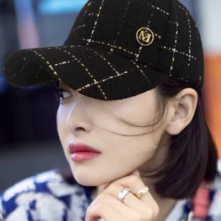 

Star Victoria Song Celebrity Style Baseball Cap Korean-style Tweed Plaid Brim Hat Handmade Seam M Standard Fashion Network Red S