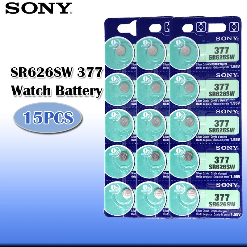 

15PCS 100% Sony Original 1.55V 377 SR626SW SR626 AG4 Silver Oxide Watch Battery SR626SW 377 Button Coin Cell MADE IN JAPAN