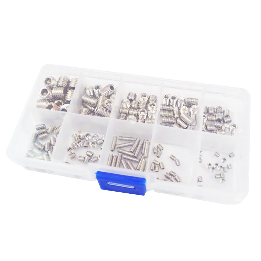 180/260Pcs 304 316 스테인리스 알렌 머리 소켓 육각형 세트 Grub 나사 구색 컵 점 M3 M4 M5 M6 M8 플라스틱 상자
