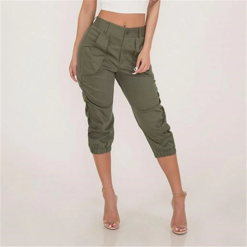 Sexy Women Calf Length Pants Solid Color Pocket Casual Elastic Pants Casual Cropped Women Trousers Streetwear Plus Size Trousers