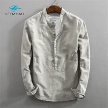 Мужская весенне-осенняя Модная брендовая приталенная рубашка в японском стиле из хлопка и льна, однотонная Повседневная рубашка с воротником-стойкой и длинными рукавами, пуловеры