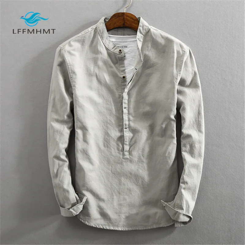 Goedkoop Mannen Lente Herfst Mode Merk Japan Stijl Slim Fit Katoen Linnen Effen Kleur Stand Kraag Casual Lange Mouwen Truien