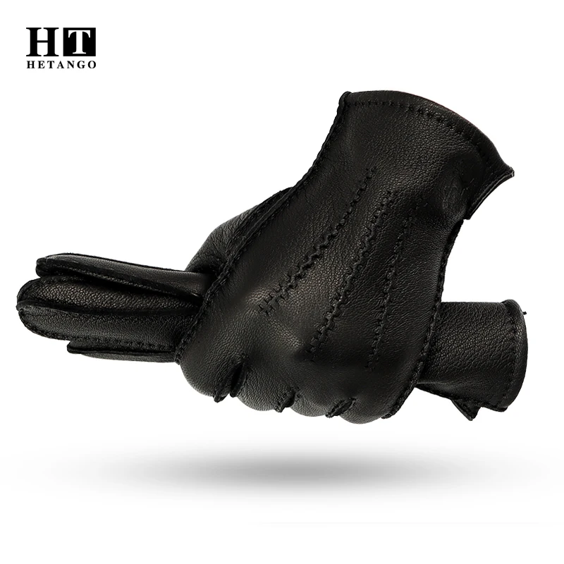 

New winter men's leather gloves hand-stitched deerskin warm wear-resistant black wave pattern Cold proof mittens 70% wool lining