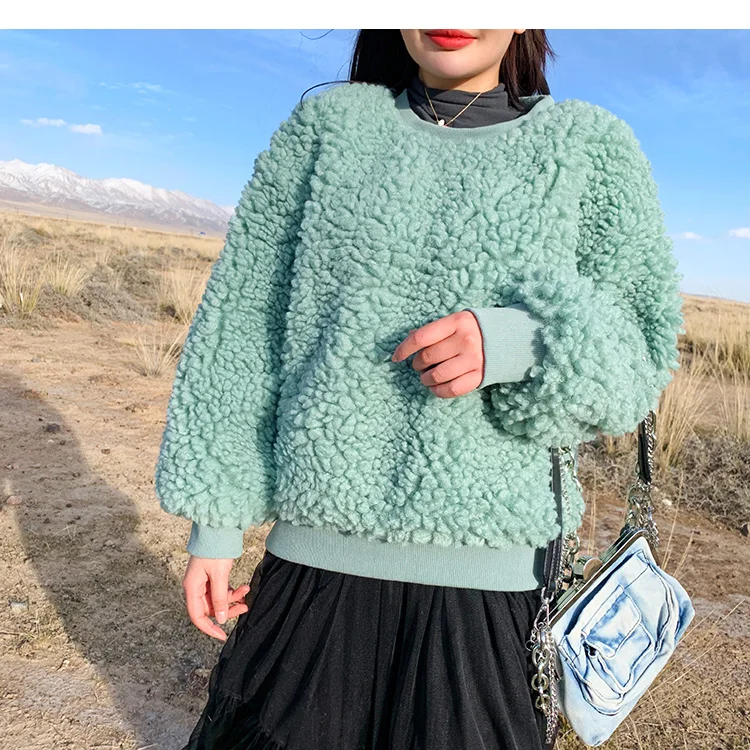 ANSFX Korea Hairy Shaggy Faux Lamb Fur Sweatshirt Long Lantern Sleeve O-Neck Pullover Coat Women Keep Warm Outerwear Top 2 Color