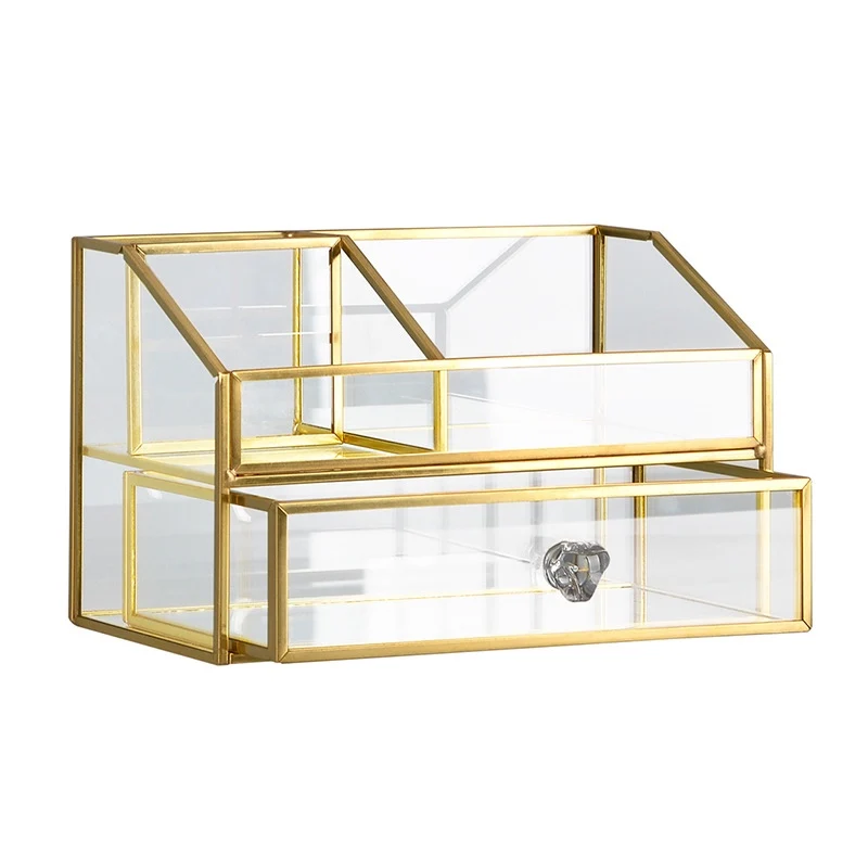 2020 New Fashion Glass Makeup Brush Storage Box Jewelry Box Cosmetic Tube Clear/Gold Makeup Organizer With Drawer