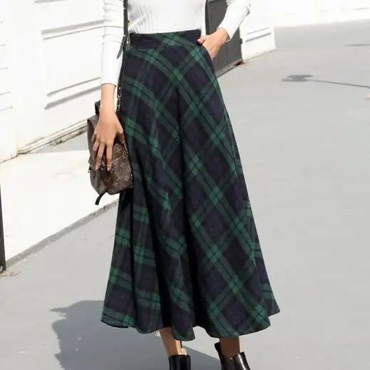 2020 otoño falda elástica cintura alta escocesa faldas largas de lana para de talla grande cálido vintage línea faldas Jupe Longue DF924 _ - AliExpress Mobile