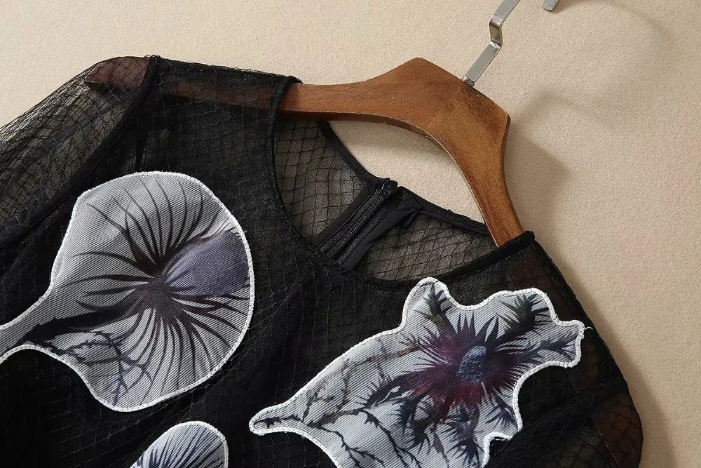 Новое поступление; черное Сетчатое платье с 3/4 рукавами и принтом; 191208Z08