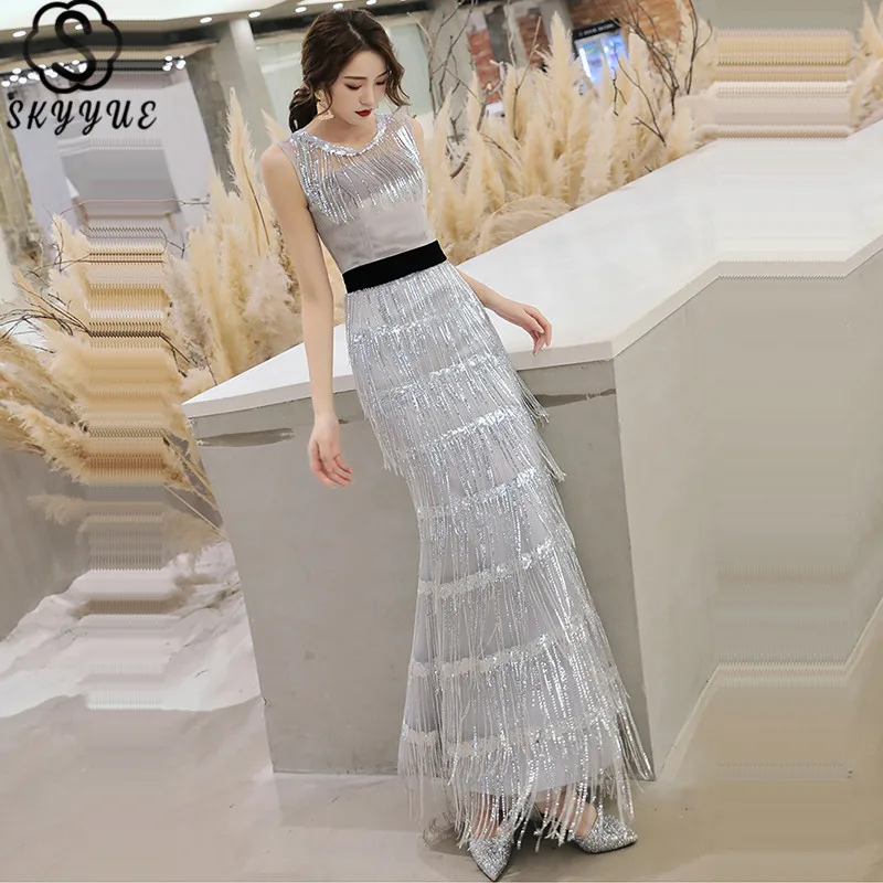 Skyyue Evening Dress Sleeveless Tassel Sequined Eveing Gown O-Neck Plus Size Floor-Length Formal Robe De Soiree F143 | Свадьбы и