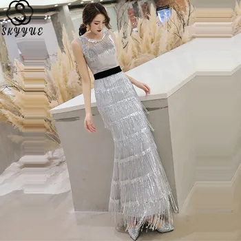 

Skyyue Evening Dress Sleeveless Tassel Sequined Eveing Gown O-Neck Plus Size Floor-Length Formal Robe De Soiree F143