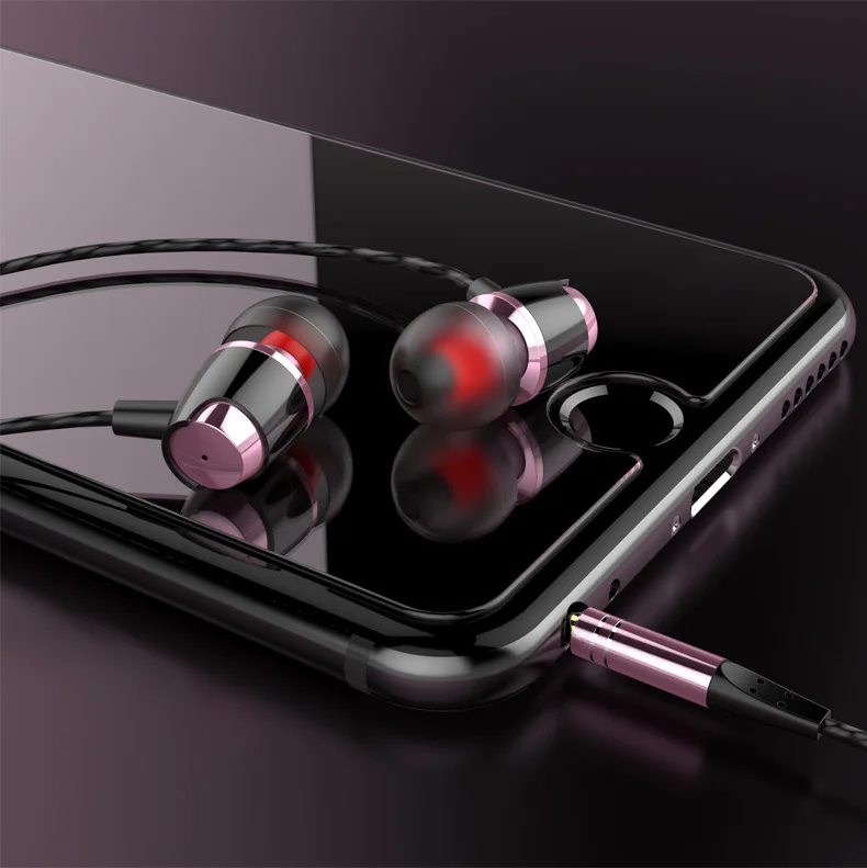 Mobile phone ear buds wired metal handsfree in-ear with mic bass kulaklik earbud earphone for xiaomi huawei iphone 11 - Color: pink earbud