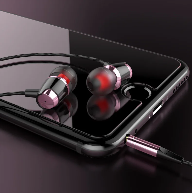 pink earbud Mobile phone ear buds wired metal handsfree in-ear with mic bass kulaklik earbud earphone for xiaomi huawei iphone 11 - Color: pink earbud