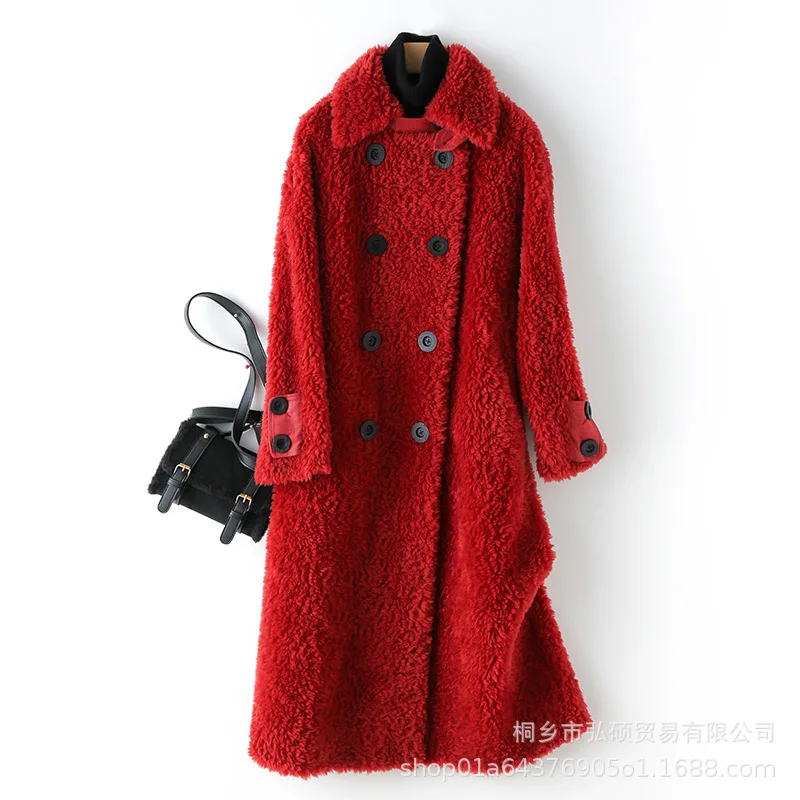 Red Пальто из натурального меха, Женская длинная куртка для стрижки овец, женская зимняя одежда, корейское винтажное шерстяное пальто, меховые топы, Hiver LW2148 - Цвет: Red