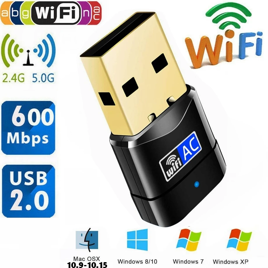 600Mbps USB 와이파이 어댑터, 600M 듀얼 밴드 와이파이 무선 네트워크 카드 동글, AC600, 2.4GHz, 5GHz LAN, PC 노트북 무료 드라이버