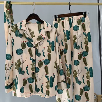 

Daeyard 2020 Silk Pajamas for Women Spring Sleepwear 2 Pcs Set Overall Printing Home Clothes Silk Pijamas Long Sleeve Nightwear