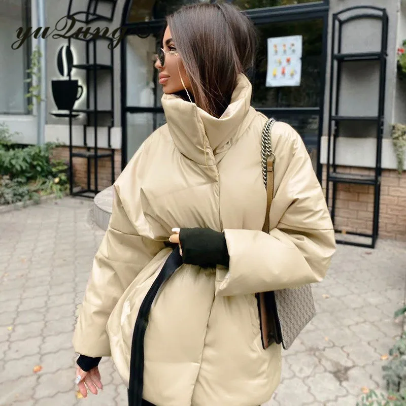 

Yuqung Winter Autumn Coat Puffer Outwear With Belt Women Stand Collar Female Warm Elegant Casual Bubble Khaki Jacket Parka Black