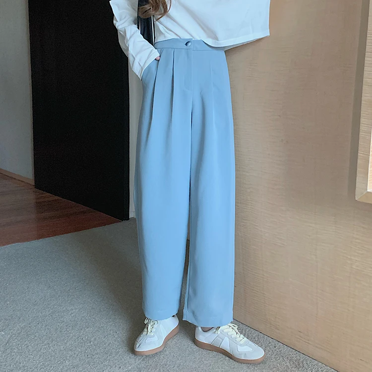 

2020 New south Korean fashion for autumn is all about high-waisted slim blazer pants in pure color wide-leg pants