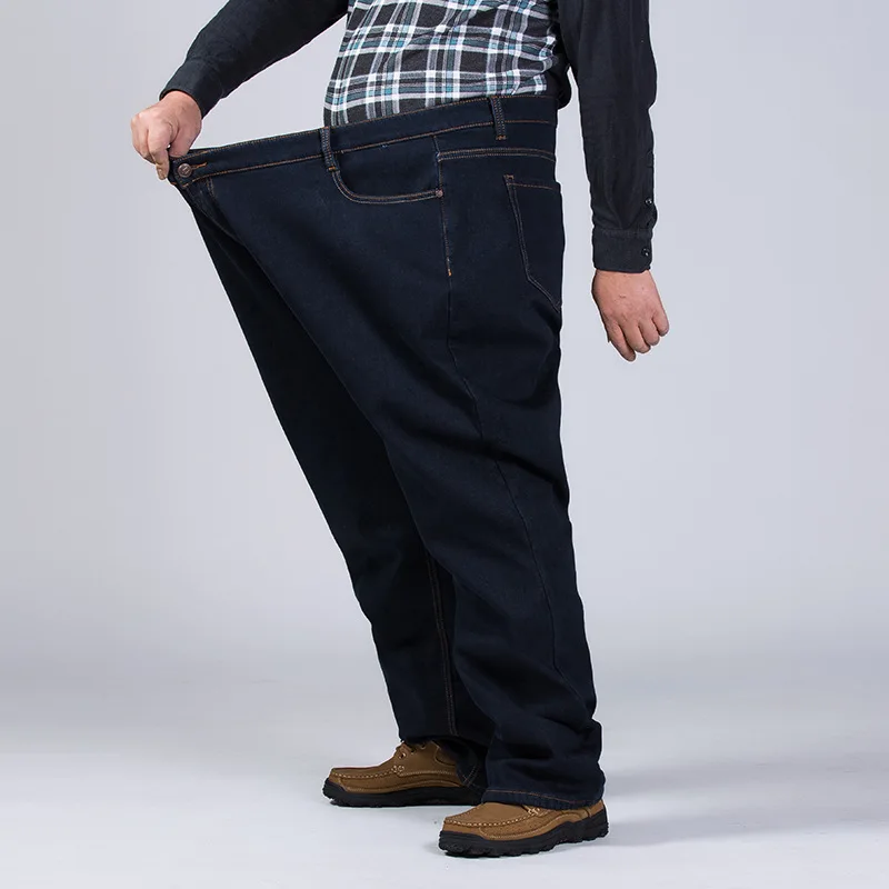 150 кг, теплые джинсы, утолщенные черные мужские эластичные зимние брюки с высокой талией, большие размеры 44, 46, 48, 50, 52, Классические джинсовые штаны на флисе