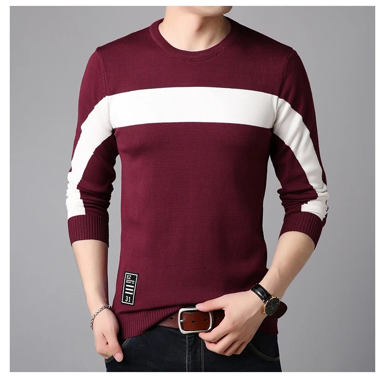 Повседневный мужской свитер бренд Slim Fit с длинным рукавом и круглым вырезом мужской полосатый лоскутный пуловер Модный Топ вязаный классический трикотаж