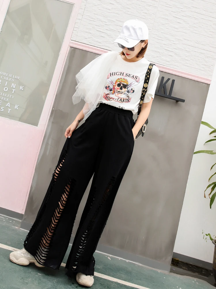Vefadisa 6 Style Women Holes Wide Leg Pants 2020 Summer Women High Waist Straight Pants Female Plus Size Slim Pants ZQY242B