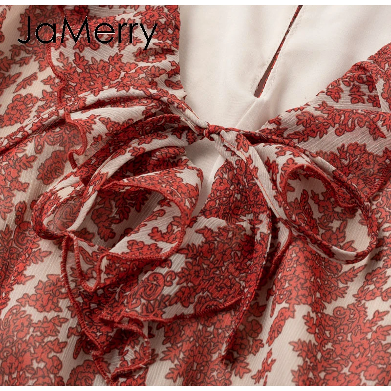 JaMerry, v-образный вырез, шнуровка, цветочный принт, женские комбинезоны, элегантные, с расклешенными рукавами, шифон, комбинезоны, комбинезон, для отдыха, пляжа, женские комбинезоны