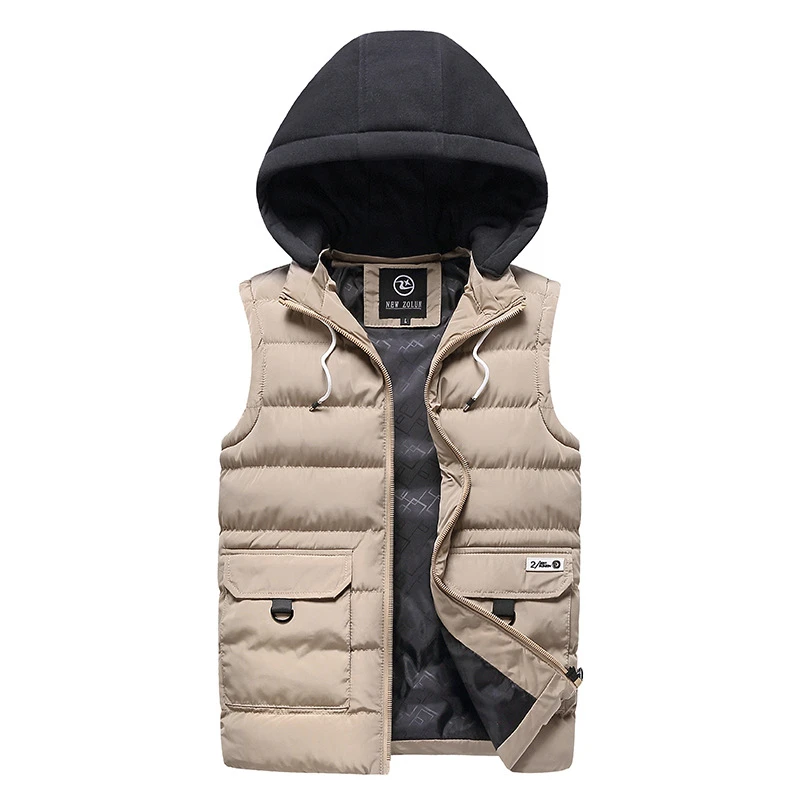 Men's Fashion Hooded Vest Casual Male Vest Winter Slim Fit Style Solid Color Mens Jacket Size M-4XL Hot Sale Clothes,9910 - Цвет: 9910 khaki