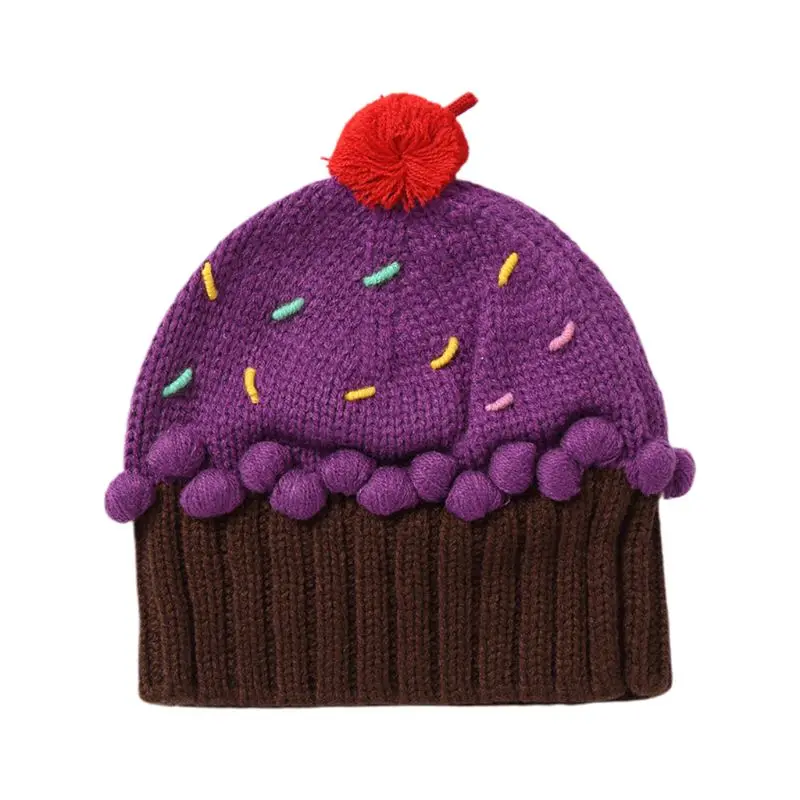 Детская Милая вязаная шапка контрастного цвета в форме кекса с помпоном для мальчиков и девочек, Зимняя Теплая Шапка-бини для От 3 до 8 лет - Цвет: Purple